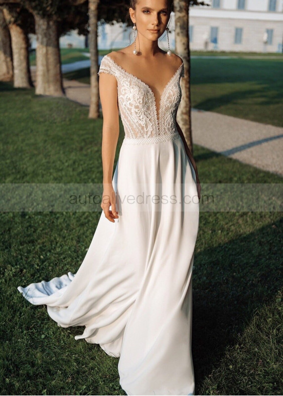 Cap Sleeves Ivory Lace Chiffon Boho Beach Wedding Dress